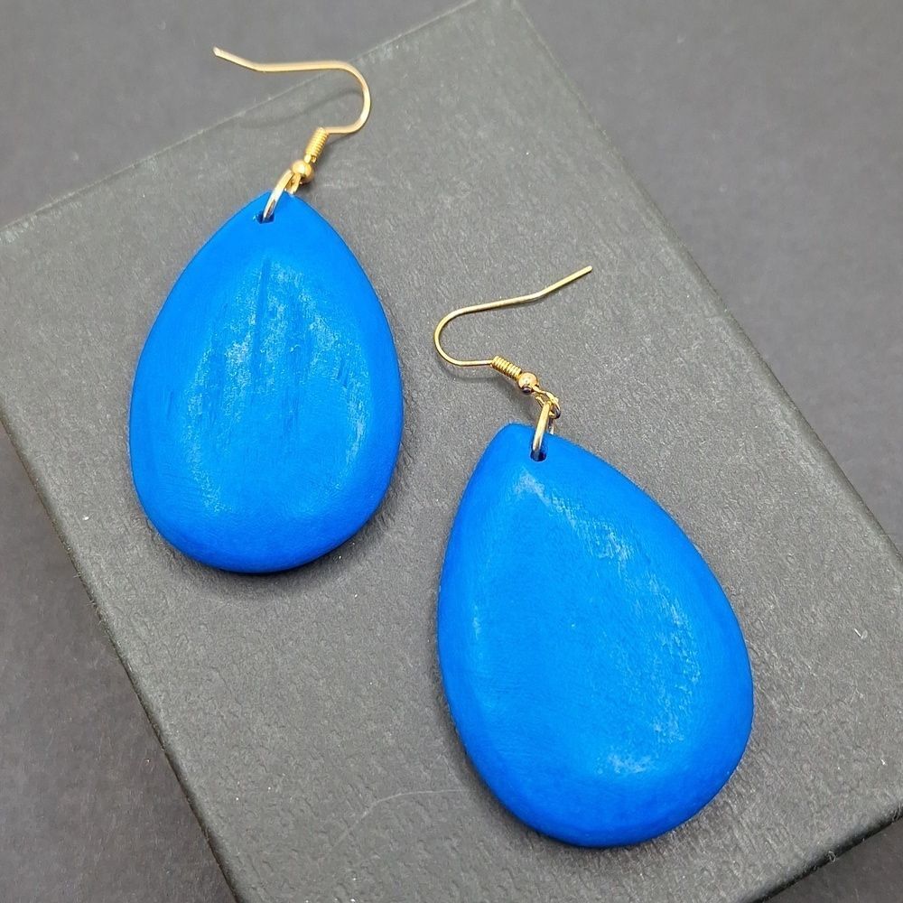 Royal blue earrings tear drop shape wood dangle earrings